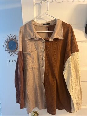 SHEIN Colorblock Cable Knit Button Down Shirt Jacket - Brown, Tan, Cream